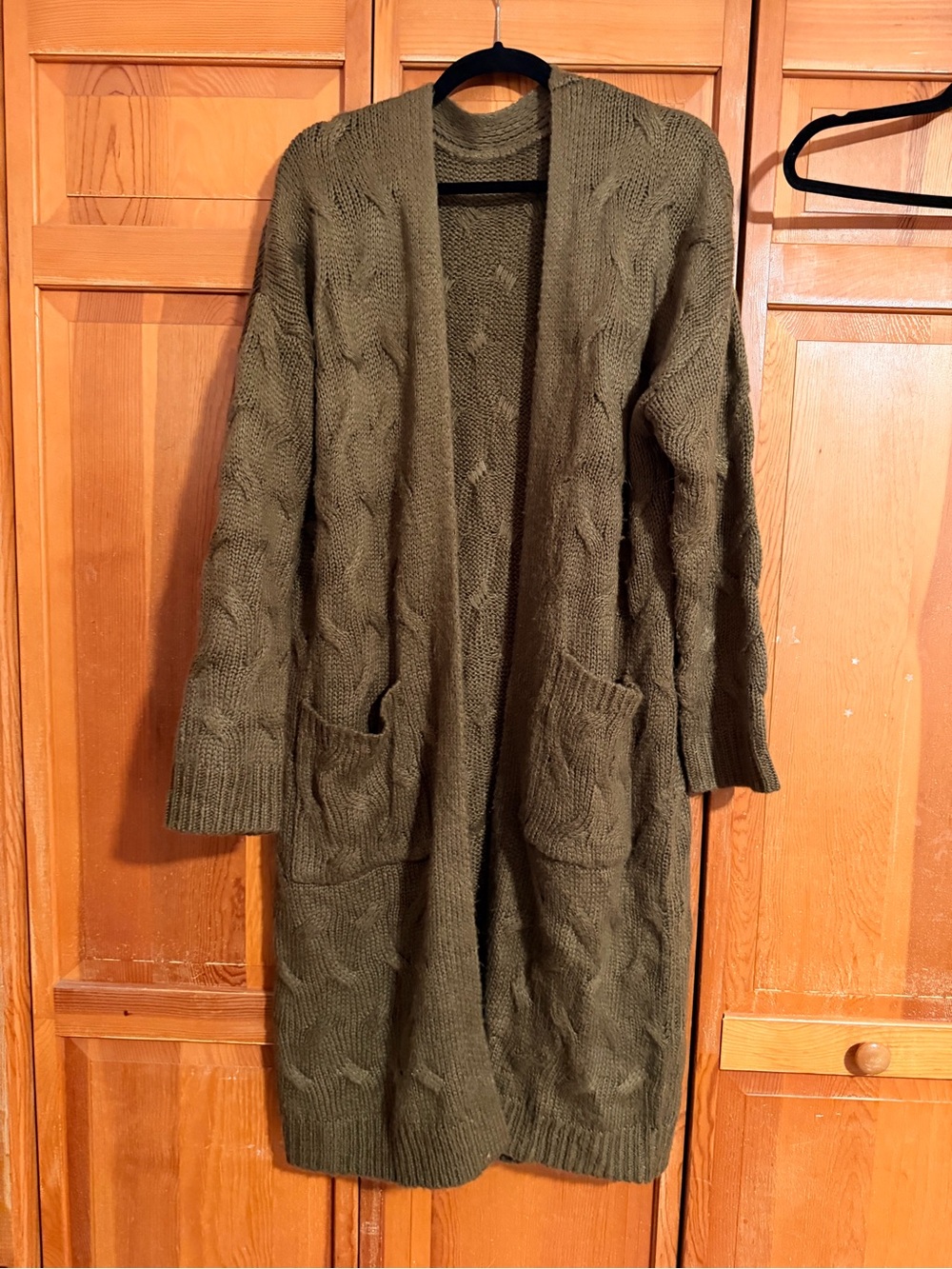 Olive Cable-Knit Open Front Long Cardigan Sweater
